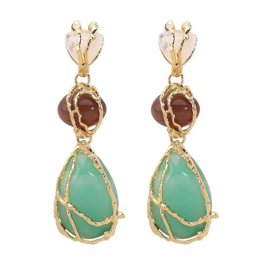 Trendy Geometric Green Stone Long Dangle Earrings for Women