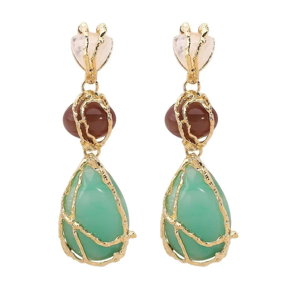 Trendy Geometric Green Stone Long Dangle Earrings Women Pendant Earrings 2025 Trend Golden Metal Party Jewelry