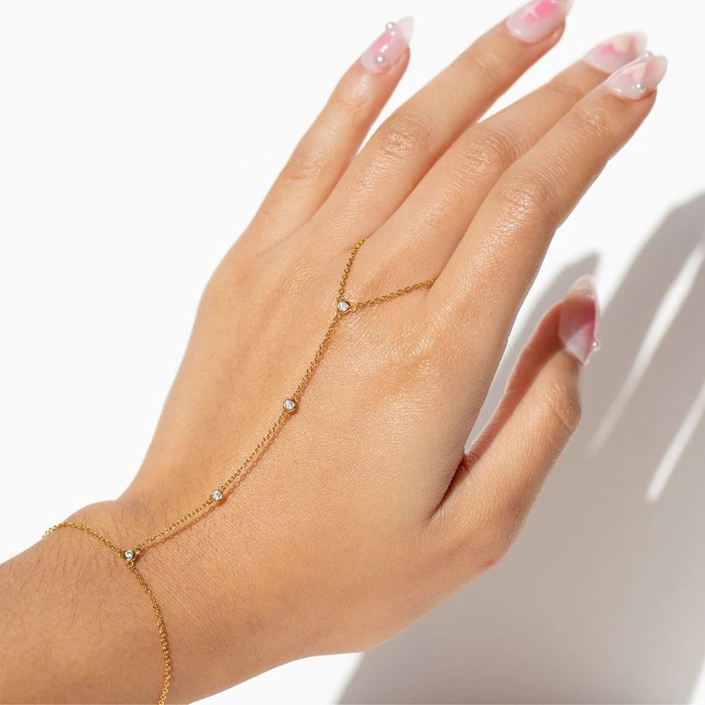 18K Gold Plated Stainless Steel Hand Chain Bracelet with Zircon Ring