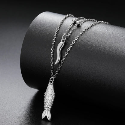 Stainless Steel Gold Silver Fish Pendant Layered Necklace