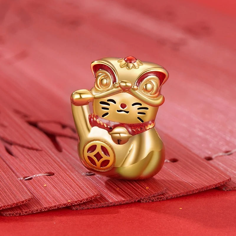 Solid Silver Lucky Cat Charm Beads Fit Original Bracelet & Necklace DIY