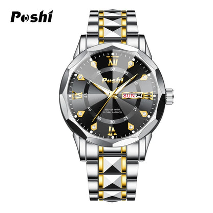 Men’s Date & Week Quartz Watch POSHI Luminous Waterproof Watch