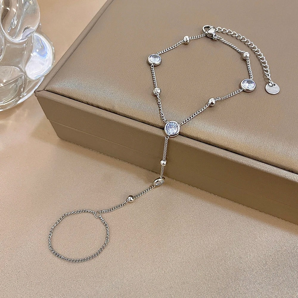 Stainless Steel Ring Bracelet Round Rhinestone Hand Chain Bracelets Women Elegant Gold Plated Summer Hand Jewelry Gift
