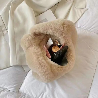 Solid Color Plush Dumpling Bag Soft Faux Fur Underarm Hobo Tote for Women