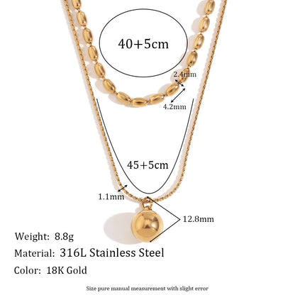 E.B.belle Simple Double-layer Rice bead Pendant Necklace 316L Stainless Steel Decoration 18K Gold Plated Jewelry