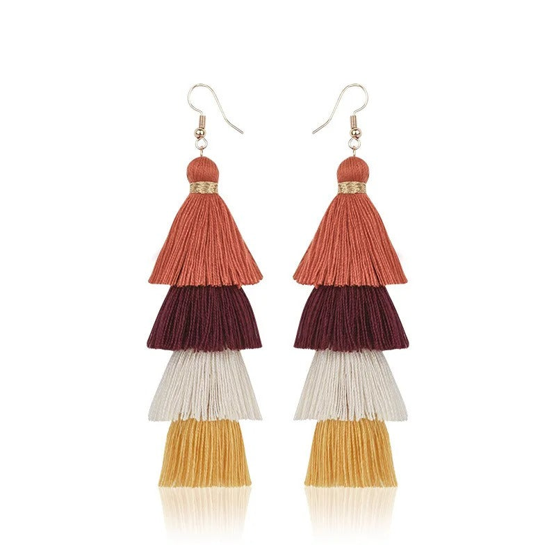 4-Layer Tassel Earrings Long Fringe Multicolor Statement Jewelry