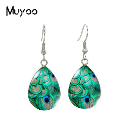 Peacock Design Teardrop Earrings Glass Pendant Earrings