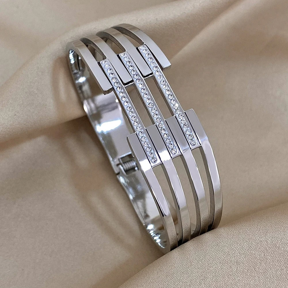 Chunky Inlaid Rhinestone Stainless Steel Bangles Bracelets for Women Gold Plated Metal Wide Bracelet Waterproof Jewelry