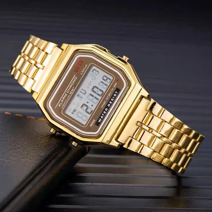 Luxury Gold & Silver Retro LED Digital Watch – Unisex Sports Military Wristwatch with Steel Band