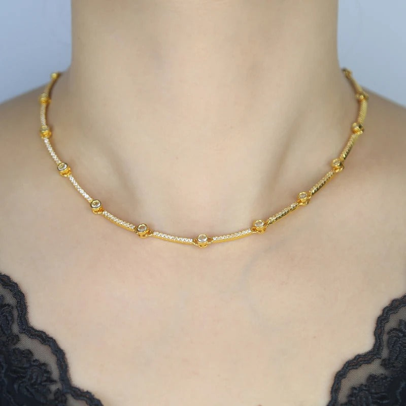 Cubic Zirconia Bar Band Charm Tennis Chain Choker Necklace Gold color Fashion Women Jewelry