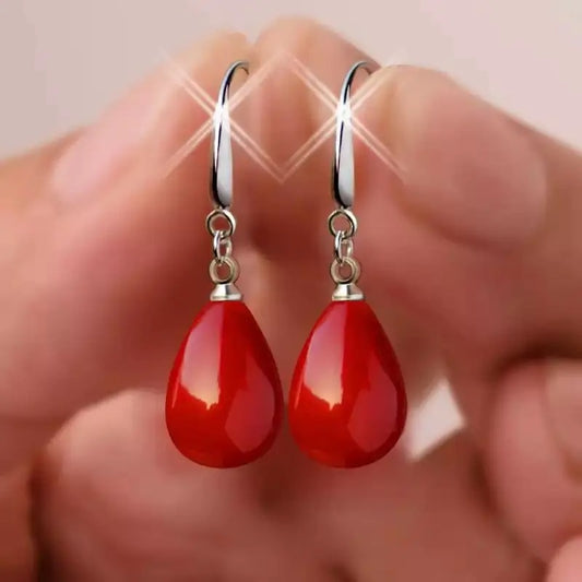 Red Pearl Drop Earrings – Colorful Long Dangle Earrings for Women, Trendy Statement Jewelry Gift