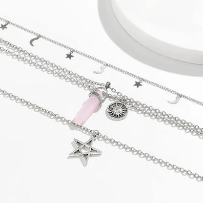 4Pcs Ethnic Pink Crystal Star Pentagram Pendant Choker Necklace for Women Elegant Moon Tassel Chain Party Jewelry Accessories