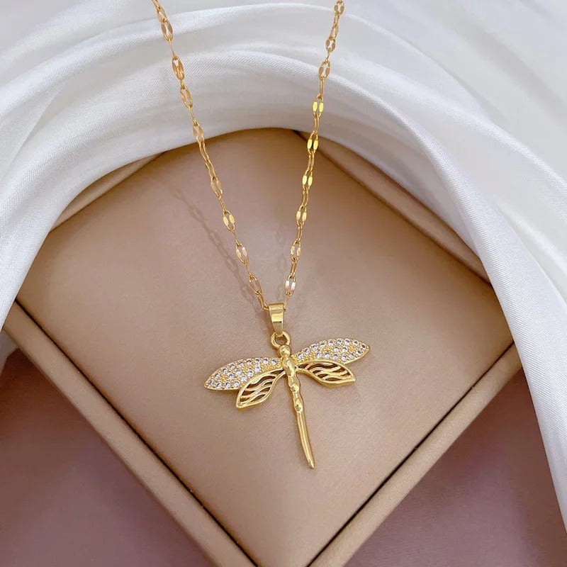 DIEYURO 316L Stainless Steel Personality Dragonfly Pendant Necklace For Women Fashion Girls Clavicle Chain Party Jewelry Gifts