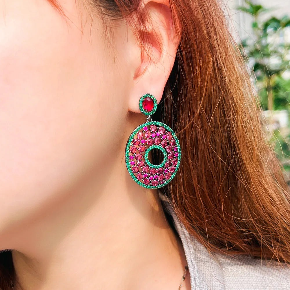Zircons Genuine 5A Hot Pink Red Cubic Zirconia Stone Fancy Chic Round Drop Dangling Women Wedding Banquet Earrings