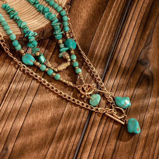 3Pcs Vintage Blue Natural Stone Beads Choker Necklaces for Women Bohemia Geometry Pendant Necklace Trendy Neck Jewelry