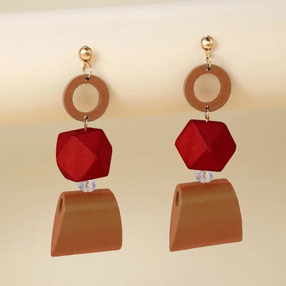 Ethnic Statement Long Wood Bead Earrings for Women Party