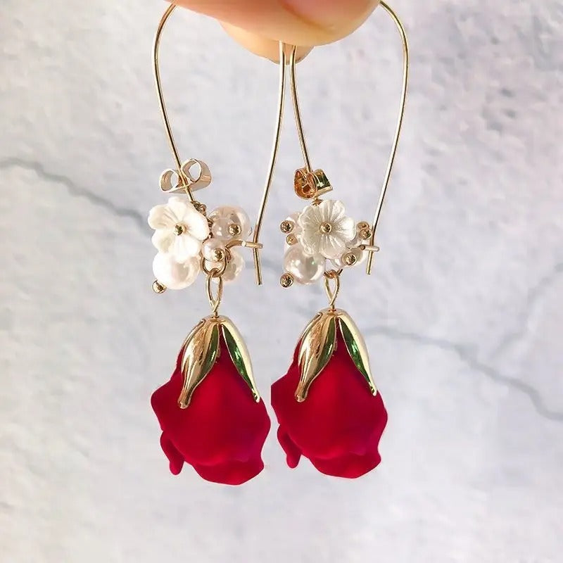 Rose Petal Long Earrings Japan Korea Trendy Star Jewelry
