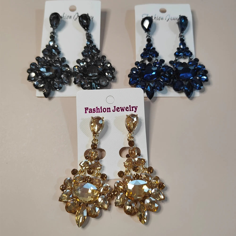 Bridal Long Drop Earrings Dark Blue Gray Champagne Crystals