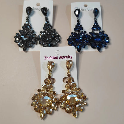 Bridal Long Drop Earrings Dark Blue Gray Champagne Crystals