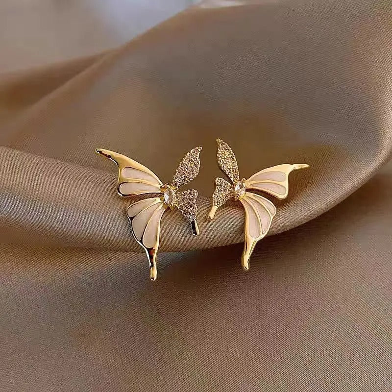 Butterfly Stud Earrings for Women White Enamel & Crystal Wings