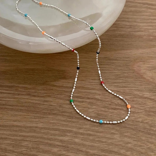 Pure 925 Sterling Silver Rainbow Bean Chain Necklace Women Girls Jewelry