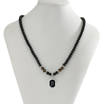 Salircon Simple Black Tiger Stone Beaded Clavicle Necklace Punk Geometric Stainless Steel Pendant Choker For Men Casual Jewelry