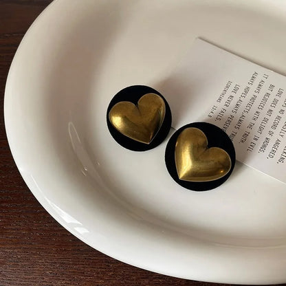 Women Vintage Gold Heart Statement Earrings Big Black Ethnic Jewelry