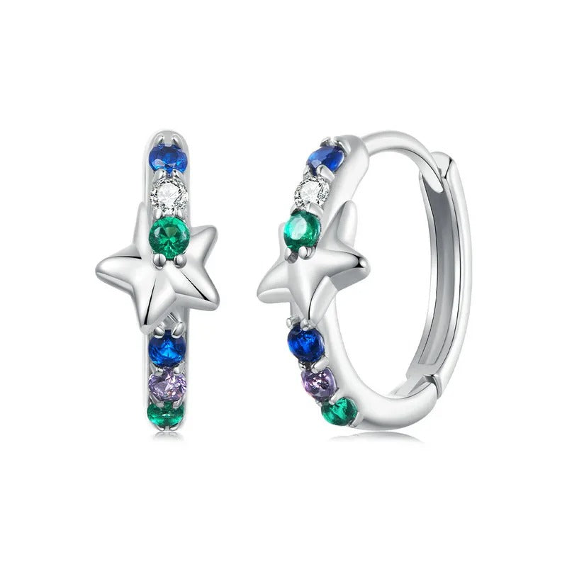 925 Sterling Silver Rainbow Stars Ear Buckles Multicolored Zircons Circle Hoop Earrings For Woman Party Fine Jewelry