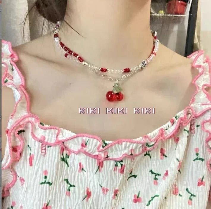 Sweet Charm Imitation Pearl Chain Strawberry Pendant Necklace for Women Wed Bridal Love Heart Choker Aesthetic Jewelry