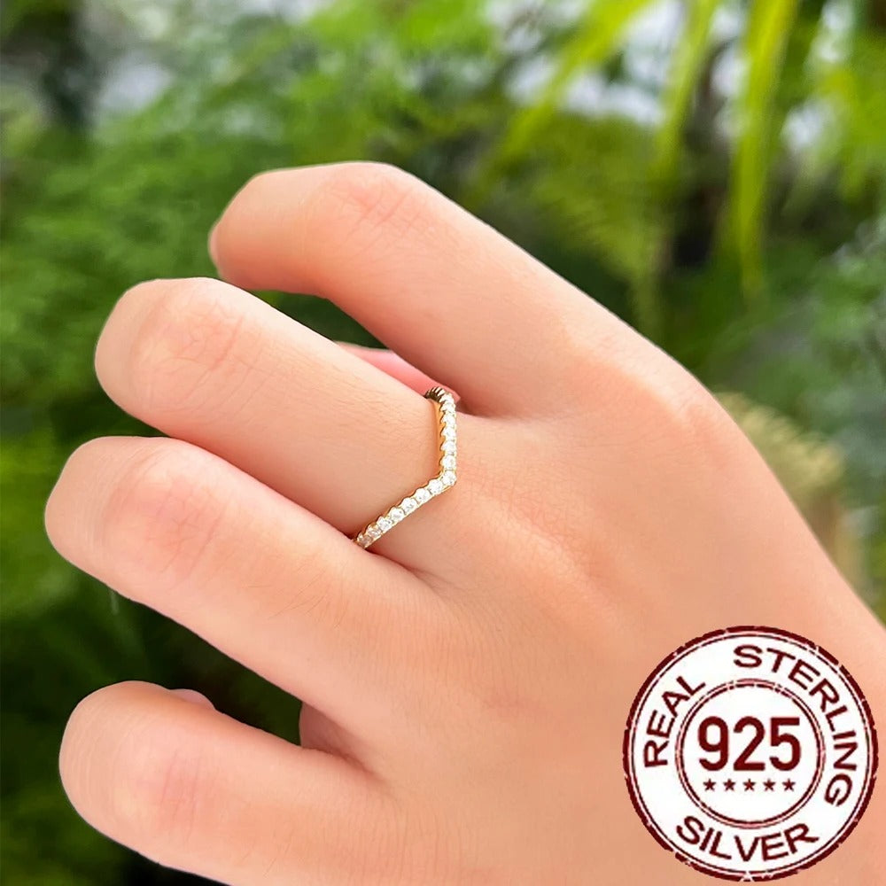 Genuine 925 Sterling Silver Stackable Rings for Women Shiny Cubic Zircon V Shape Gold Plated Fine Jewelry Gifts