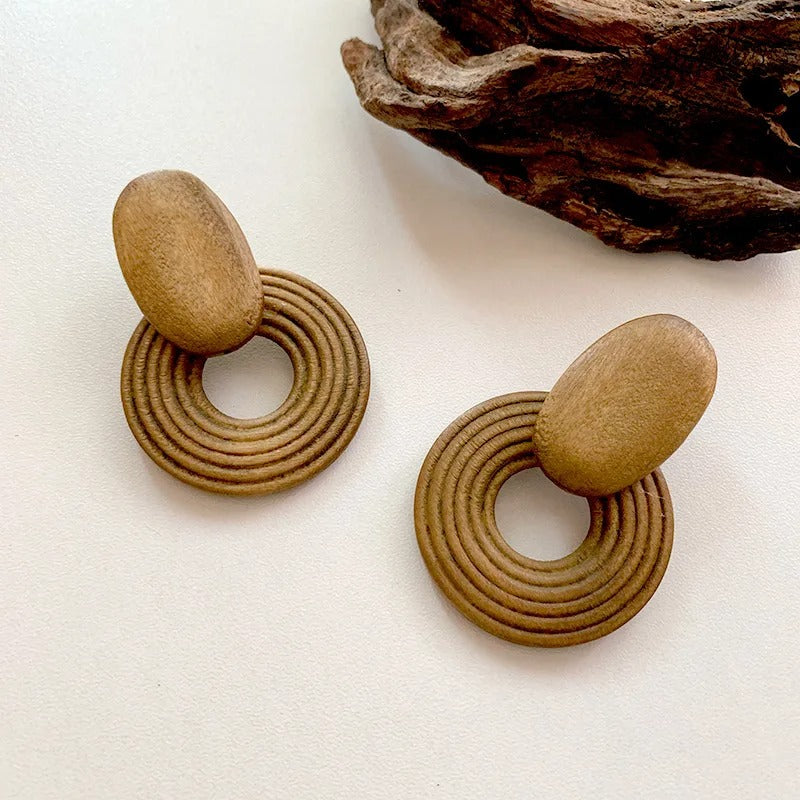 Unique Wooden Round Drop Earrings Handmade Women Jewelry
