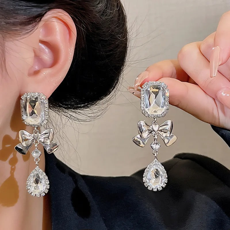 Sweet Heart Love Zircon Dangle Earrings for Women Elegant Romantic Bowknot Crystal Ear Accessories Exquisite Fine Jewelry Gifts