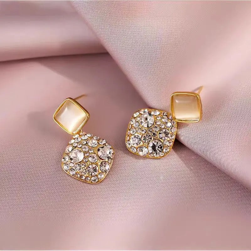 925 Silver Cat’s Eye Crystal Earrings Luxury Square Drop Jewelry for Women