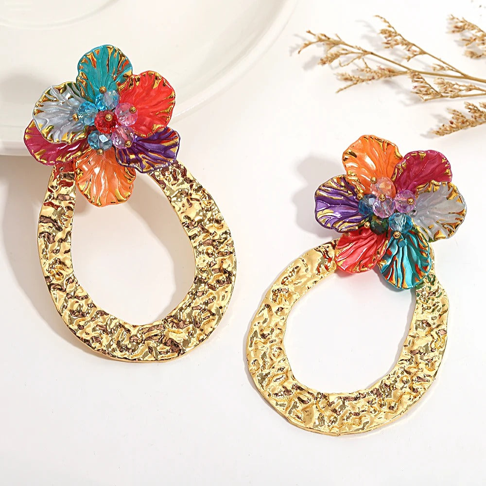 Petal Flower Water Drop Earrings for Women Large Gold Color Metal Floral Dangle Earrings Pendientes Jewelry