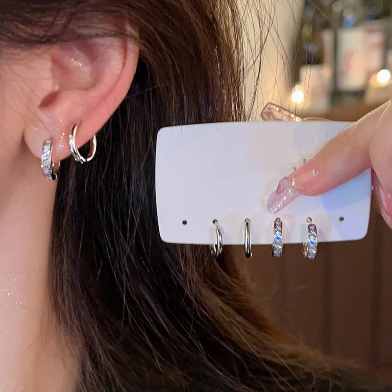4-Pc Stainless Steel Zircon Hoop Earrings for Women Daily Wear Jewelry