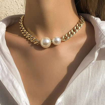 Imitation Pearl Exaggerated Pendant Necklace Retro Thick Chain Choker European American Style Hot-Selling Jewelry Accessory