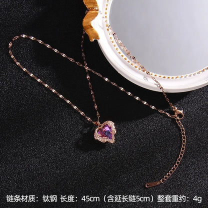 Luxury Colorful Crystal Ocean Heart Pendant Necklace For Women Fashion Stainless Steel Neck Chain Female Wedding Jewelry