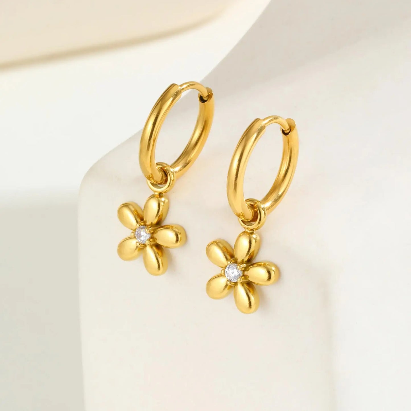 Gold Zircon Flower Hoop Earrings for Women Fashion Stainless Steel Jewelry