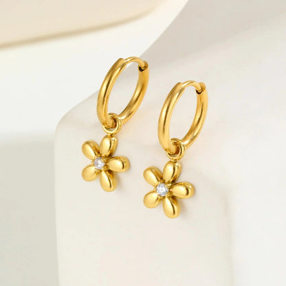 Gold Zircon Flower Hoop Earrings for Women Fashion Stainless Steel Jewelry