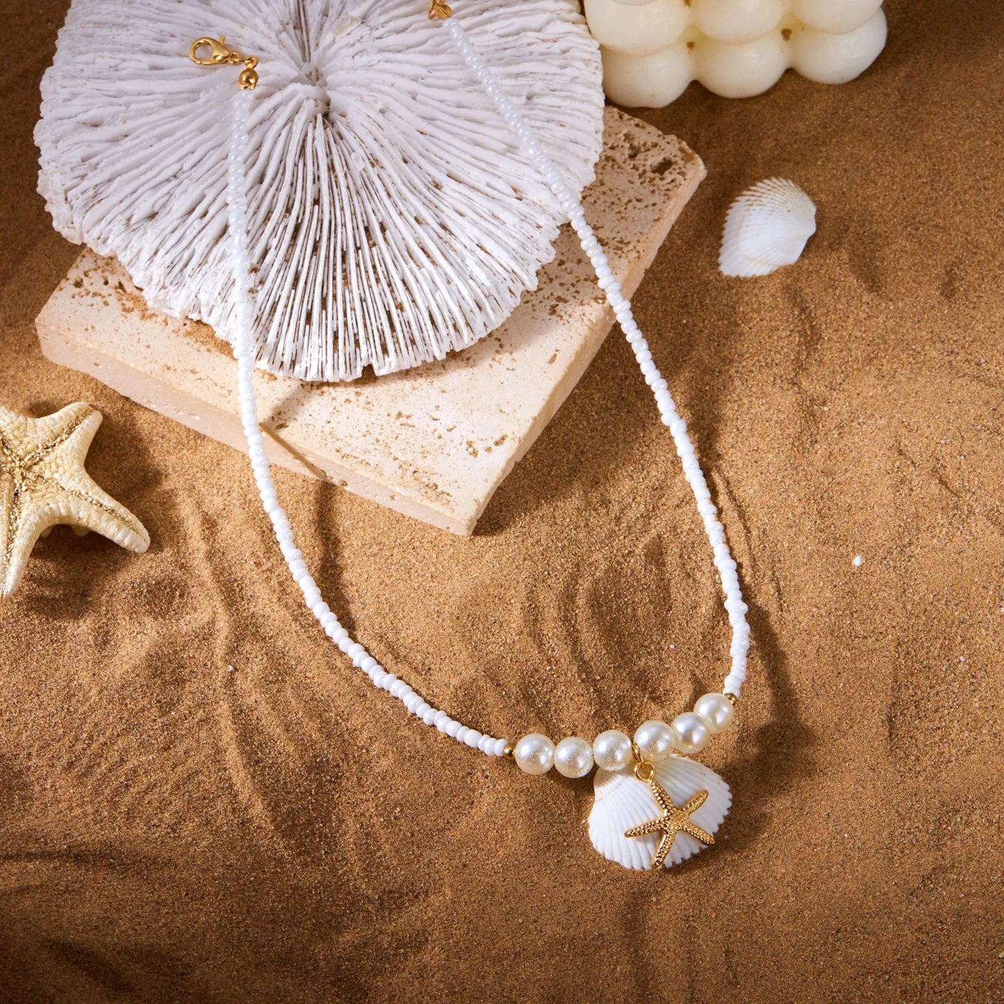 Handmade Starfish Pendant Necklace Rice Beads Pearl Choker for Women