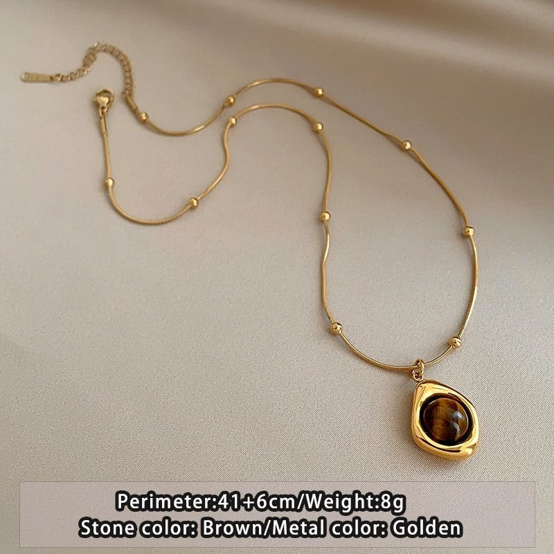 Layered Tiger Eye Stone Pendant Necklace For Women Stainless steel Double-Layer Collarbone Chain Sets Jewelry