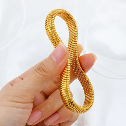 Gold Plated Steel Elastic Bracelet Wide Punk Chunky Spiral Bangle