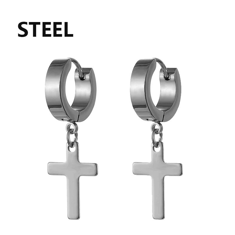 Men & Women Punk Gothic Cross Star Hoop Earrings Stainless Steel