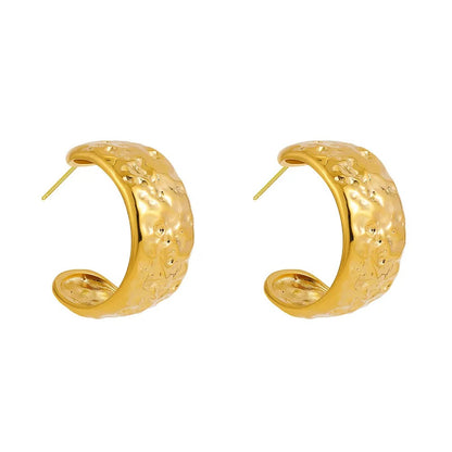 Vintage Gold Hammered Hoop Earrings Wide C Shape Statement
