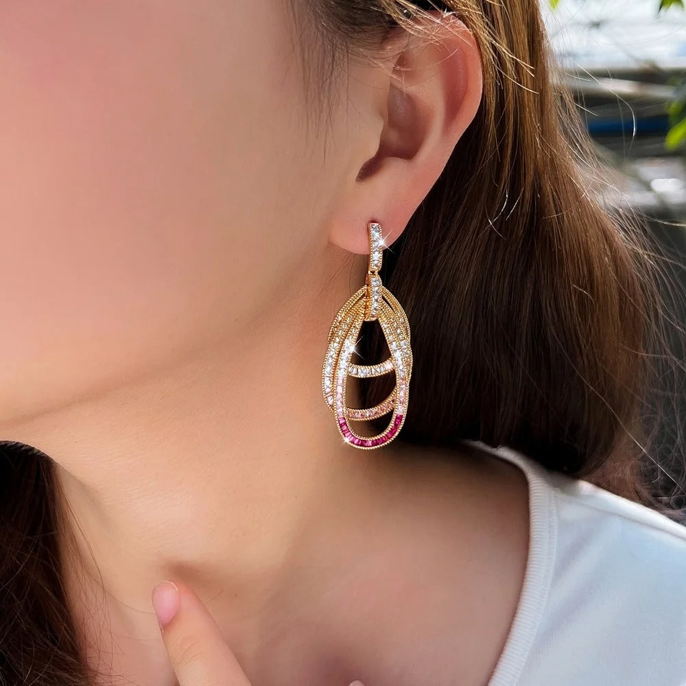 Pink Red CZ Multilayer Circle Drop Earrings for Women