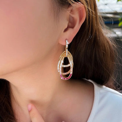 Pink Red CZ Multilayer Circle Drop Earrings for Women