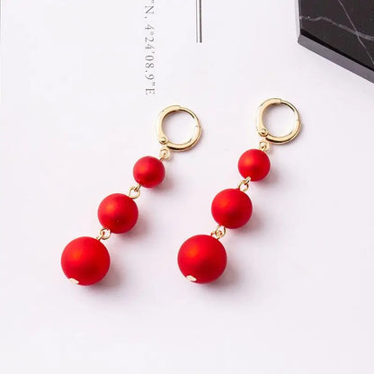 Elegant Red & White Pearl Drop Earrings Imitation Beads Women