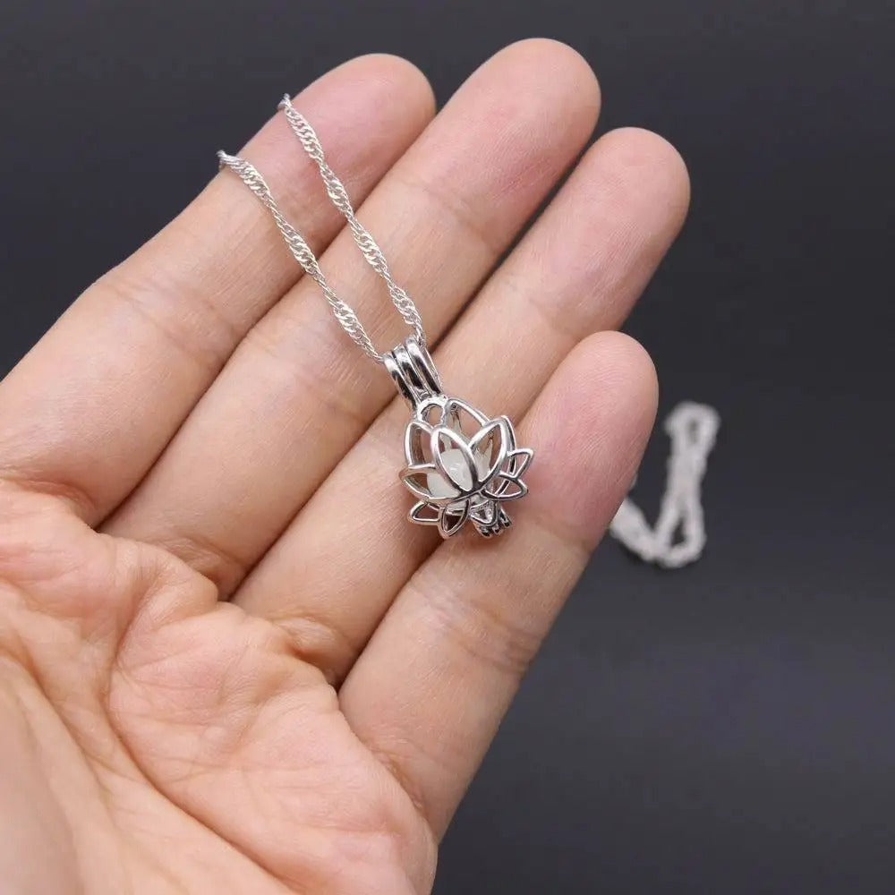 Luminous Glowing In The Dark Moon Lotus Flower Shaped Pendant Necklace For Women Yoga  Jewelry