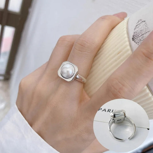 925 Sterling Silver Geometry Pearl Ring for Women Girl Gift Korean Versatile Finger Jewelry
