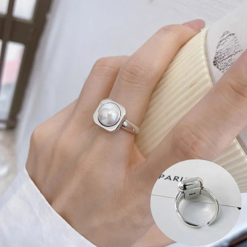 925 Sterling Silver Geometry Pearl Ring for Women Girl Gift Korean Versatile Finger Jewelry